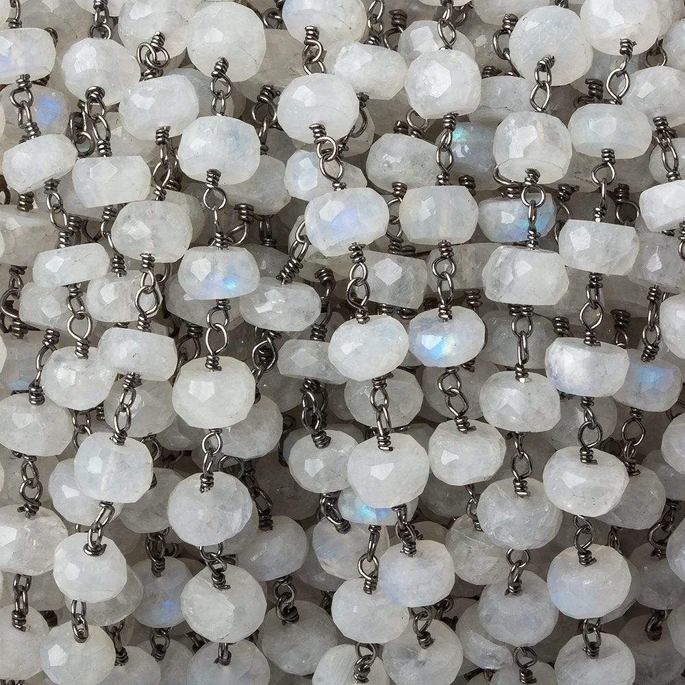 6mm Rainbow Moonstone faceted rondelle Black Gold plated Chain by the foot 29 pcs