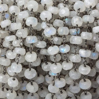 6mm Rainbow Moonstone faceted rondelle Black Gold plated Chain by the foot 29 pcs