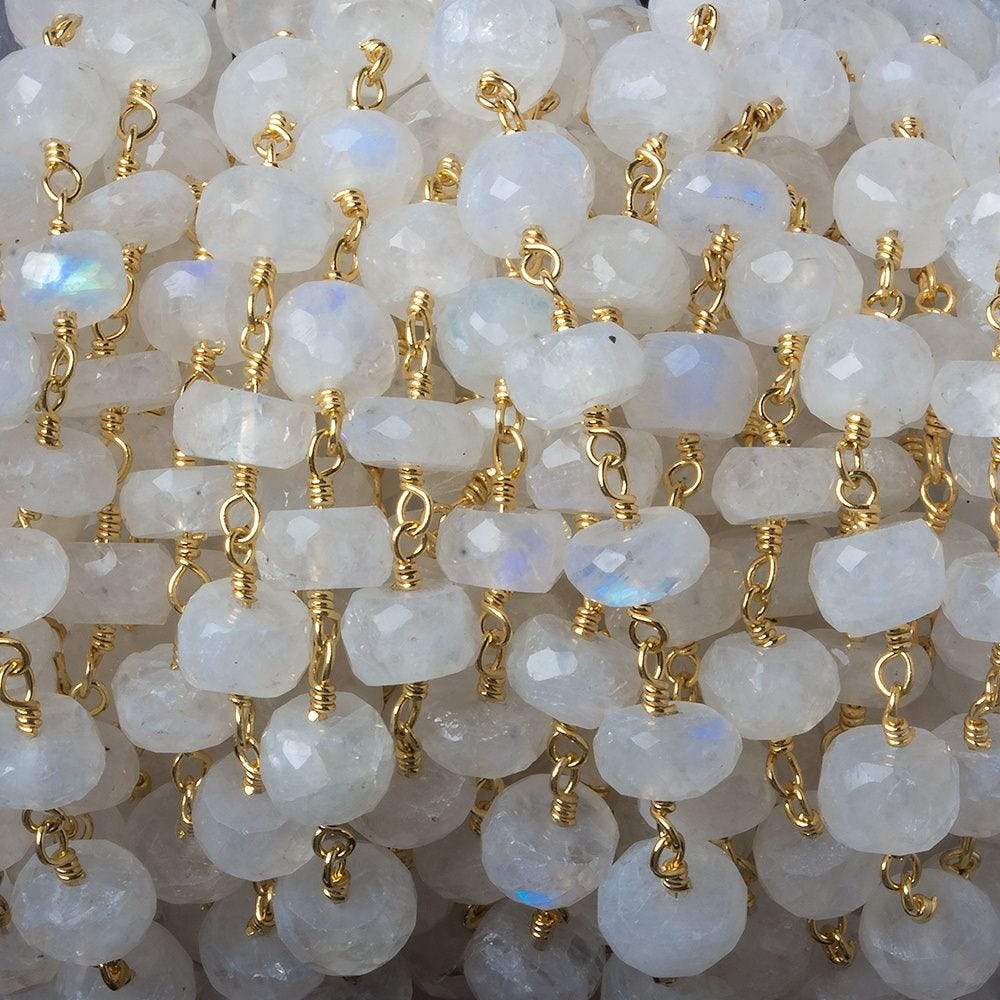 6mm Rainbow Moonstone faceted rondelle Gold Chain by the foot 30 pieces