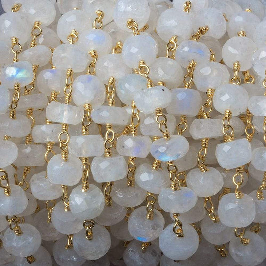 6mm Rainbow Moonstone faceted rondelle Gold Chain by the foot 30 pieces