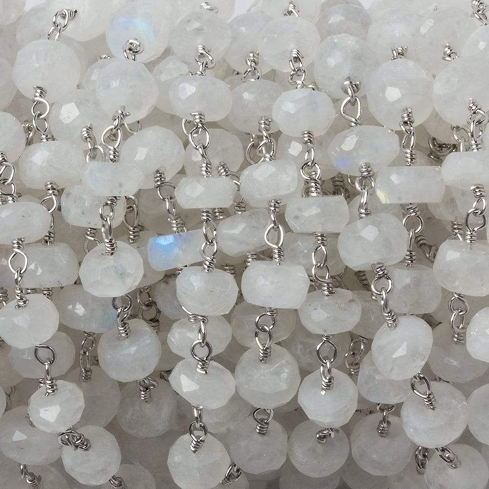 6mm Rainbow Moonstone faceted rondelle Silver Chain by the foot 30 pieces