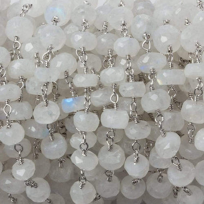 6mm Rainbow Moonstone faceted rondelle Silver Chain by the foot 30 pieces