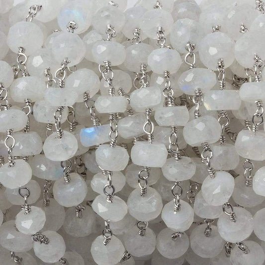 6mm Rainbow Moonstone faceted rondelle Silver Chain by the foot 30 pieces