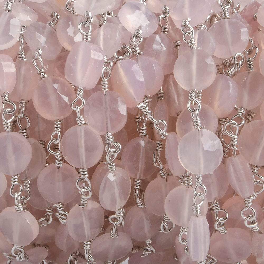 6mm Rose Chalcedony faceted coin Silver plated Chain by the foot 25 pieces