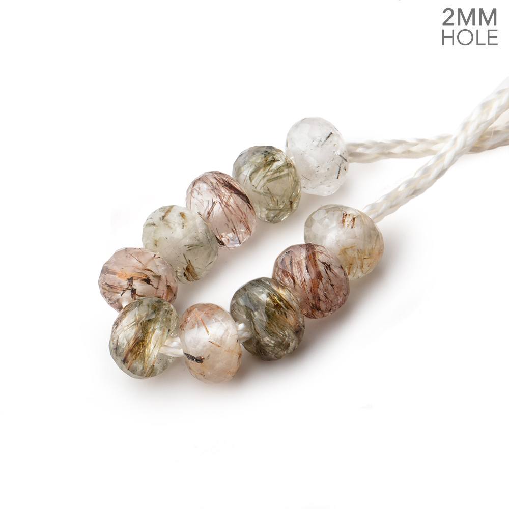 6mm Rutilated & Tourmalinated Quartz 2mm Large Hole Faceted Rondelle Set of 10 Beads