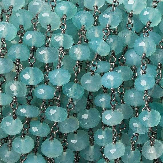 6mm Seafoam Blue Chalcedony faceted rondelle Black Gold Chain by the foot 33 beads