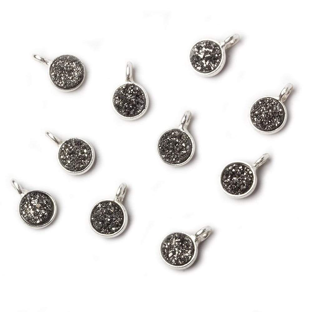 6mm Silver .925 Bezel Black Micro Drusy Coin Pendant 1 piece with side facing ring