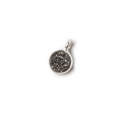 6mm Silver .925 Bezel Black Micro Drusy Coin Pendant 1 piece with side facing ring