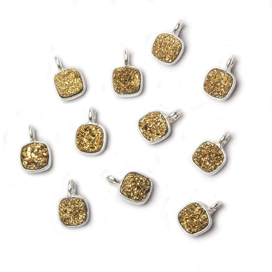 6mm Silver .925 Bezel Gold Micro Drusy Square Pendant 1 piece with side facing ring