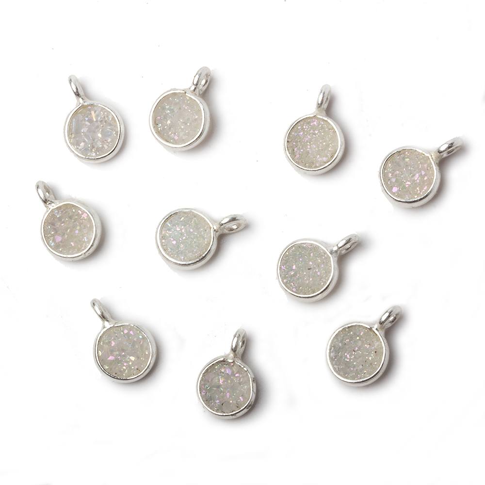 6mm Silver .925 Bezel Pearl White Gold Micro Drusy Coin Pendant 1 piece with side facing ring