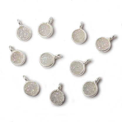 6mm Silver .925 Bezel Pearl White Gold Micro Drusy Coin Pendant 1 piece with side facing ring