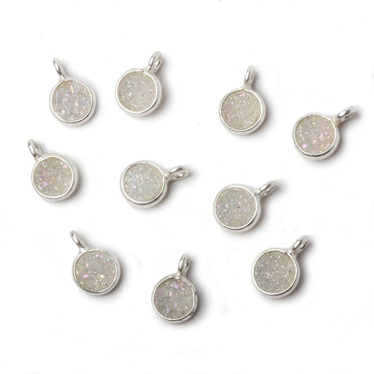 6mm Silver .925 Bezel Pearl White Gold Micro Drusy Coin Pendant 1 piece with side facing ring