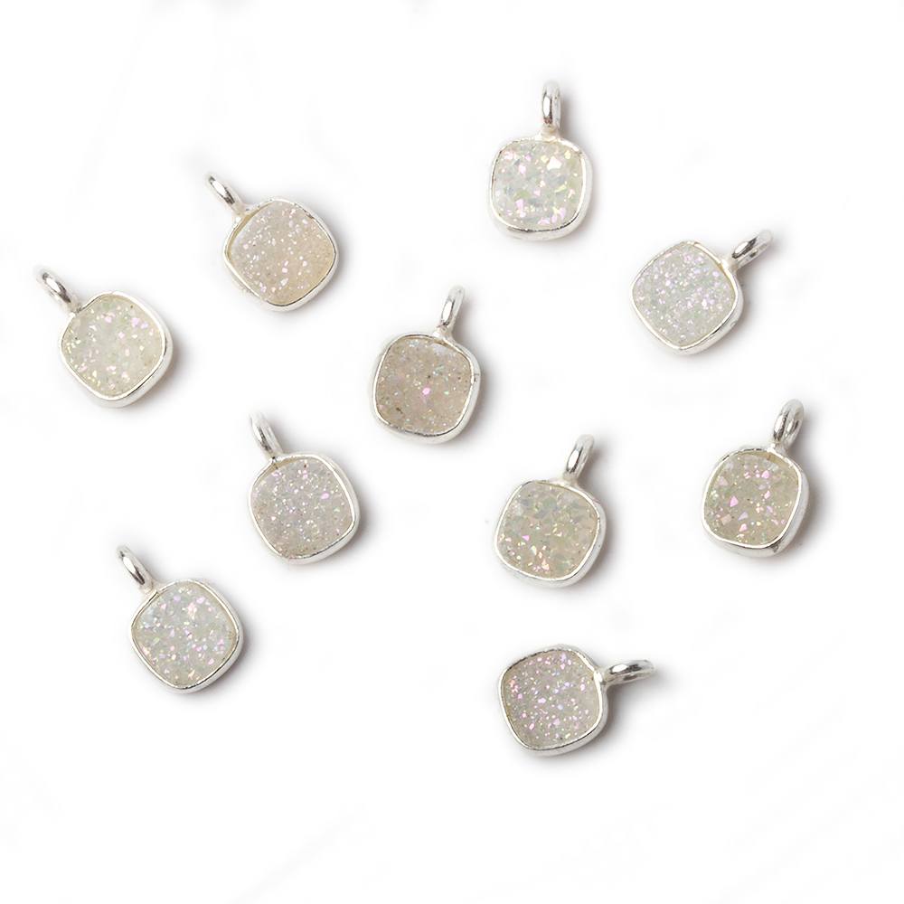 6mm Silver .925 Bezel Pearl White Gold Micro Drusy Square Pendant 1 piece with side facing ring