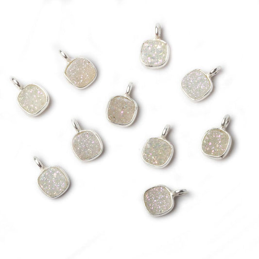 6mm Silver .925 Bezel Pearl White Gold Micro Drusy Square Pendant 1 piece with side facing ring