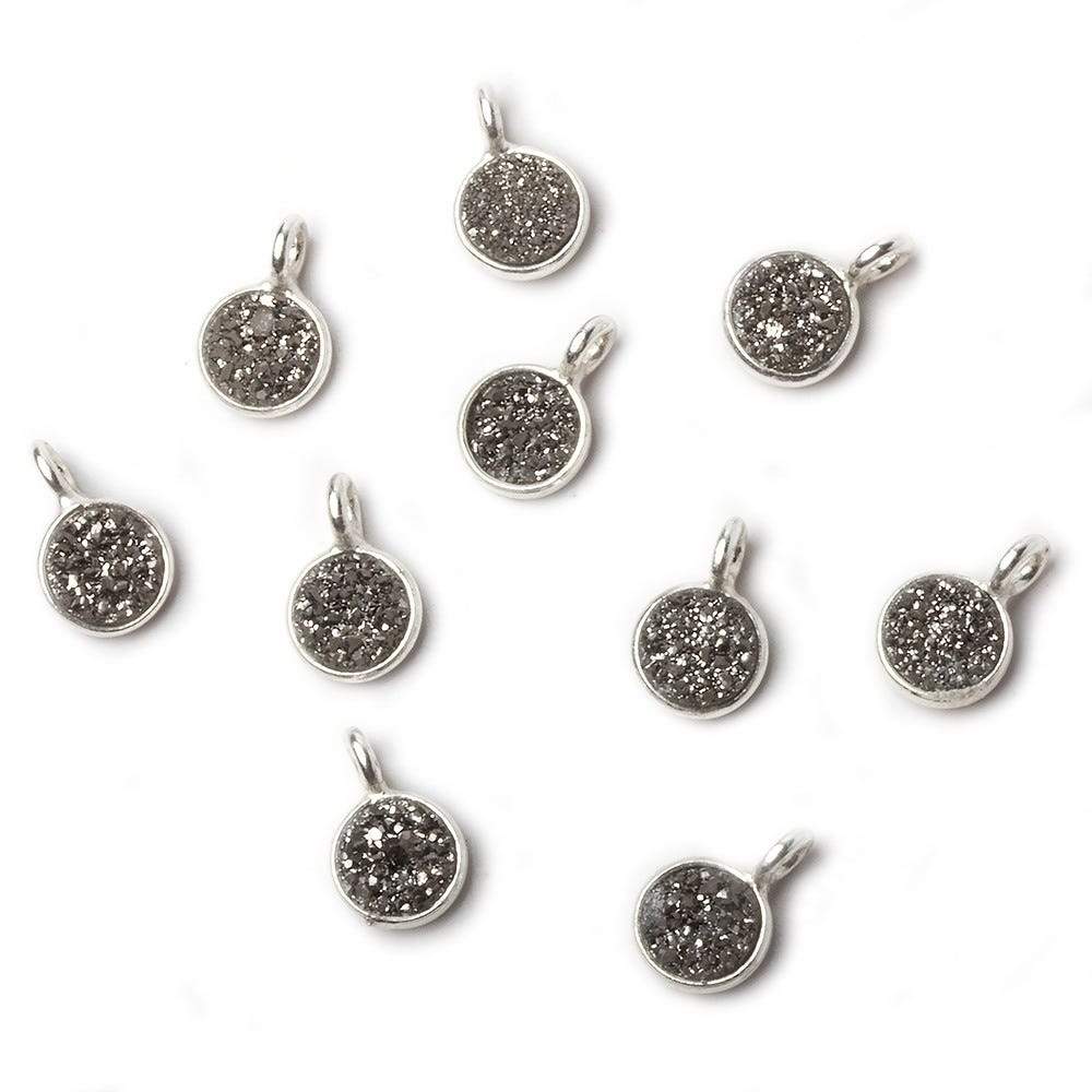 6mm Silver .925 Bezel Platinum Micro Drusy Coin Pendant 1 piece with side facing ring