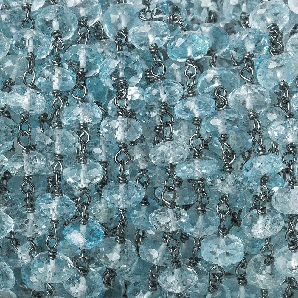 6mm Sky Blue Topaz faceted rondelle Black Gold .925 Silver Chain by the foot 33 beads AAA