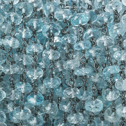 6mm Sky Blue Topaz faceted rondelle Black Gold .925 Silver Chain by the foot 33 beads AAA