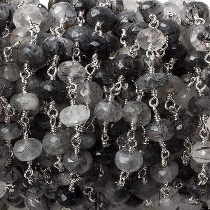 6mm Tourmalinated Quartz faceted rondelle Silver Chain by the foot 30 pieces