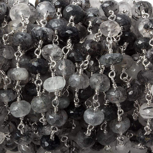 6mm Tourmalinated Quartz faceted rondelle Silver Chain by the foot 30 pieces