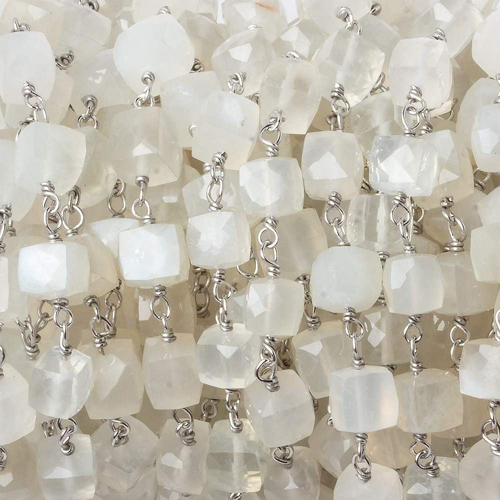 6mm White Moonstone faceted cube .925 Silver Chain by the foot 29 pieces