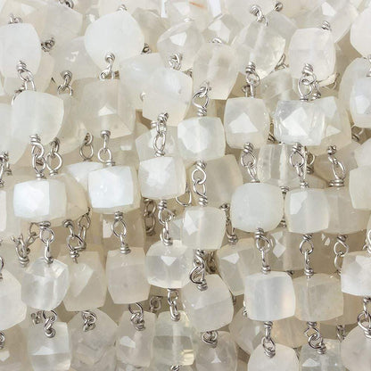 6mm White Moonstone faceted cube .925 Silver Chain by the foot 29 pieces