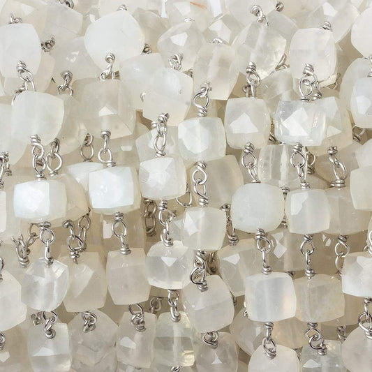 6mm White Moonstone faceted cube .925 Silver Chain by the foot 29 pieces
