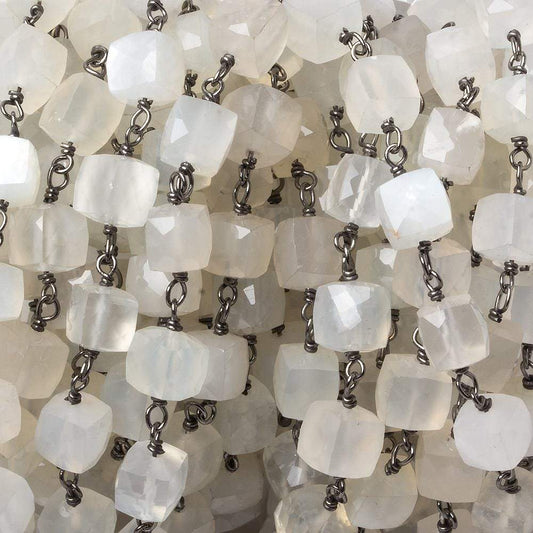 6mm White Moonstone faceted cube Black Gold .925 Silver Chain by the foot 29 pieces