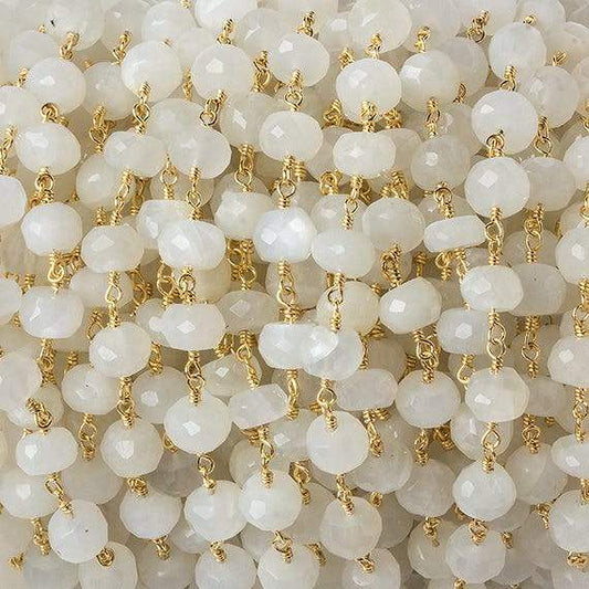 6mm White Moonstone faceted rondelle Gold Chain by the foot 30 pcs