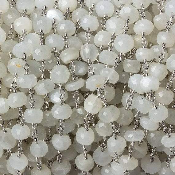 6mm White Moonstone faceted rondelle Silver Chain by the foot 30 pcs