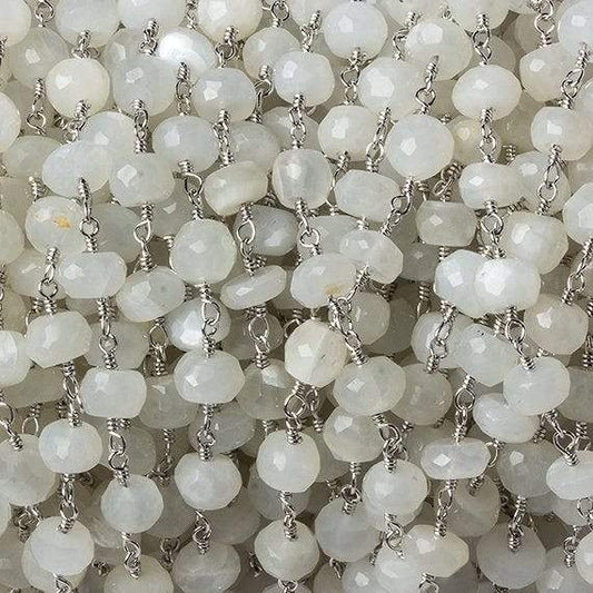 6mm White Moonstone faceted rondelle Silver Chain by the foot 30 pcs