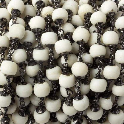 6mm White Ox Bone rounds Black Gold plated Cap and Chain by the foot 21 pcs