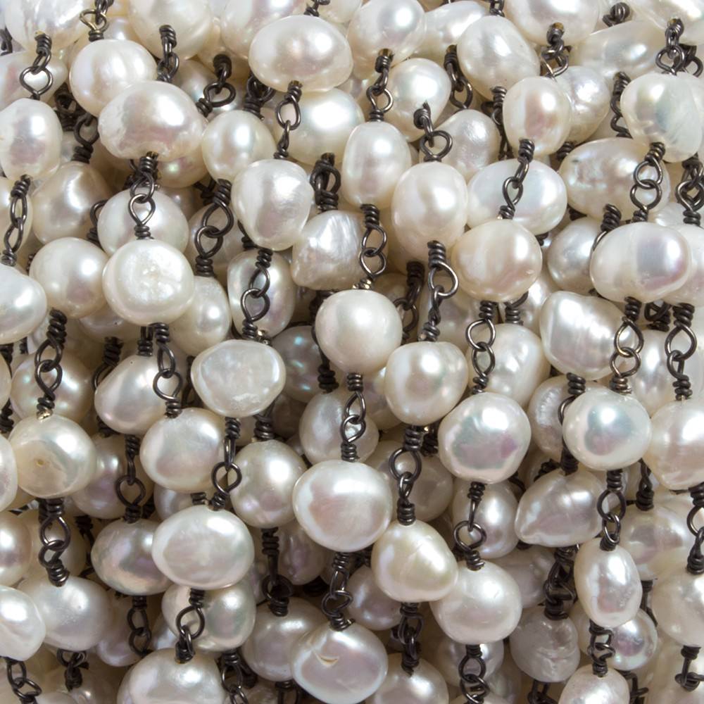 6x5-7x6mm Off White Baroque Pearl Black Gold plated Chain by the foot 25 pcs