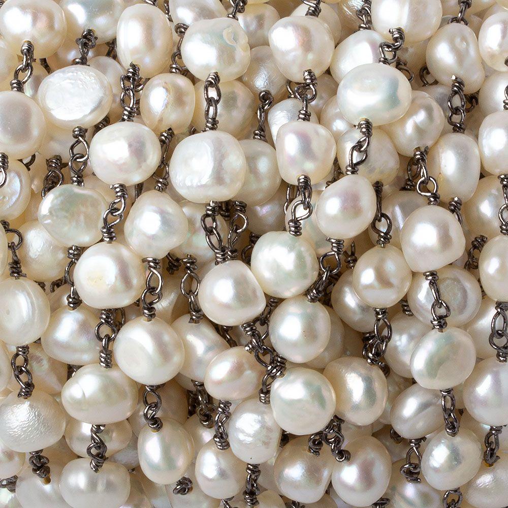 6x5-7x6mm Off White Baroque Pearl Black Gold plated Chain by the foot 25 pcs