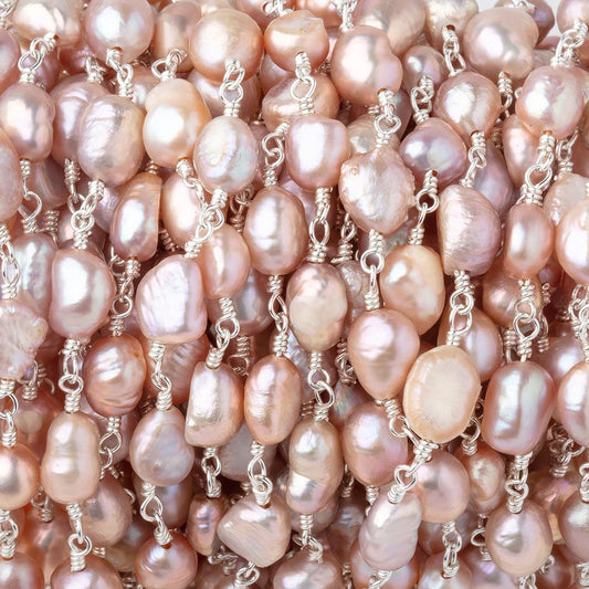 6x5-8x6mm Rose Pink Baroque Pearls on Silver Plated Chain