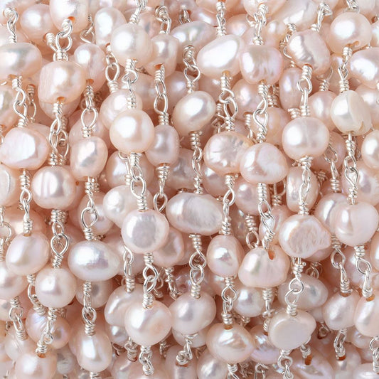 6x5mm Ballet Pink Side Drill Baroque Pearls on Silver Plated Chain