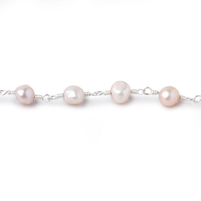 6x5mm Ballet Pink Side Drill Baroque Pearls on Silver Plated Chain