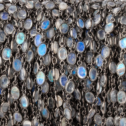 6x5mm Rainbow Moonstone Faceted Oval Cabochon Black Gold .925 Bezeled Chain