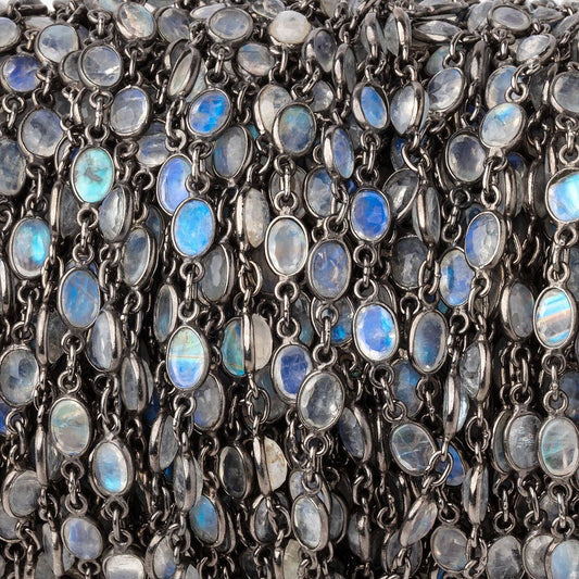 6x5mm Rainbow Moonstone Faceted Oval Cabochon Black Gold .925 Bezeled Chain