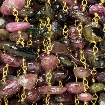 6x6-10x7mm Multi Color Tourmaline center drill plain nugget Vermeil Chain by the foot 29 pieces