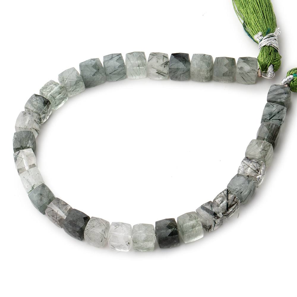 6x6-6.5x6.5mm Green Tourmalinated Quartz faceted cubes 8 inch 33 beads AA