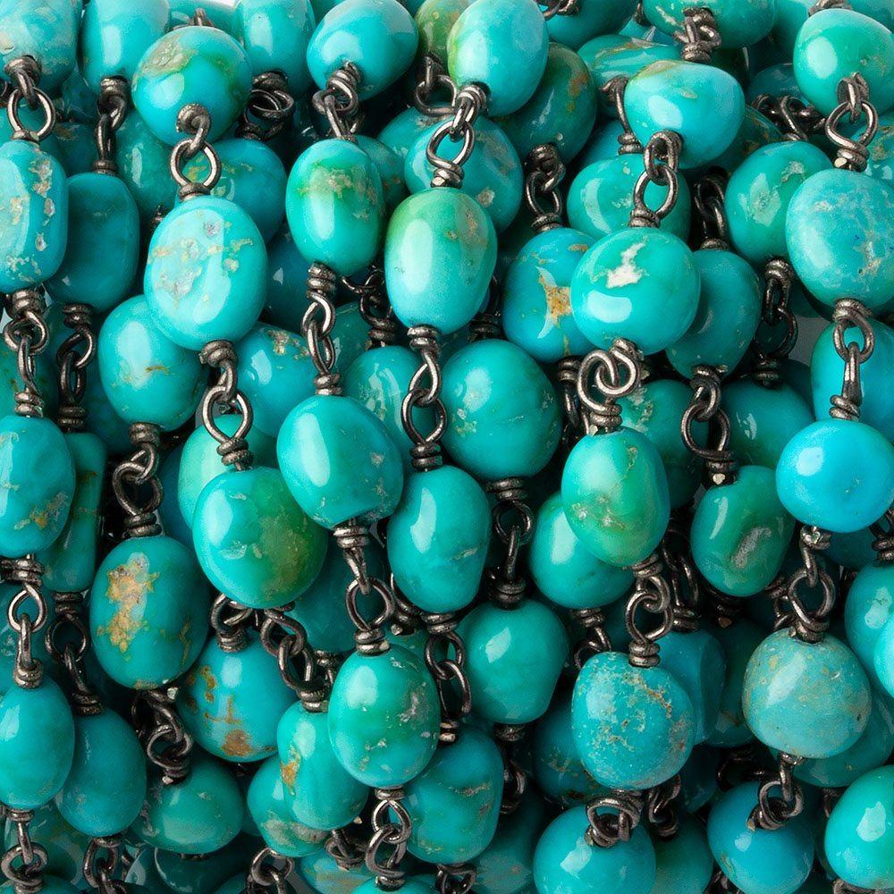 6x6-8x6mm Turquoise tumbled nugget Black Gold plated .925 Silver chain by the foot 24 pcs