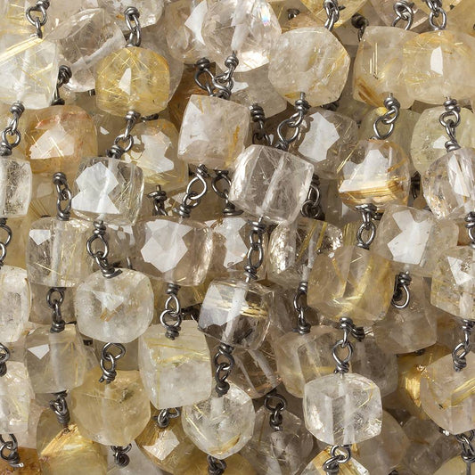 6x6mm Golden Rutilated Quartz cube Black Gold plated .925 Silver Chain by the foot 25 pcs