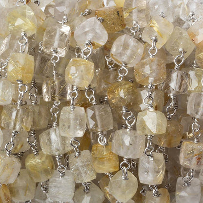 6x6mm Golden Rutilated Quartz cube Silver .925 Chain by the foot 25 pcs