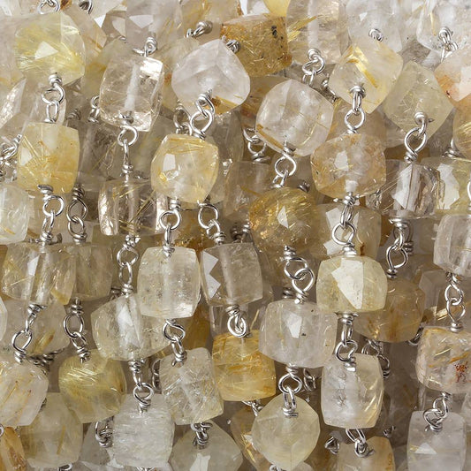 6x6mm Golden Rutilated Quartz cube Silver .925 Chain by the foot 25 pcs