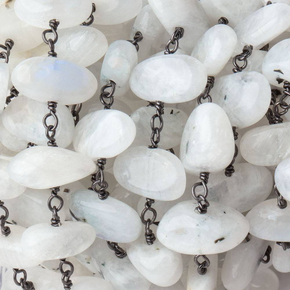 7-10mm Rainbow Moonstone Plain Nuggets on Black Gold over .925 Silver Chain