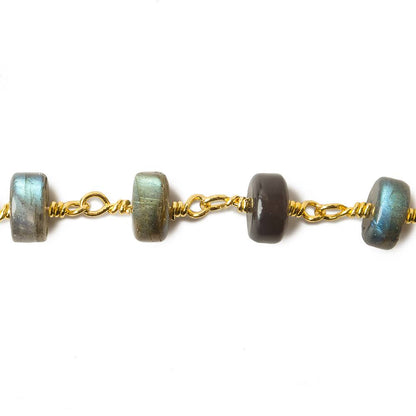 7-7.5mm Labradorite plain rondelles on Gold Plated Chain by the foot