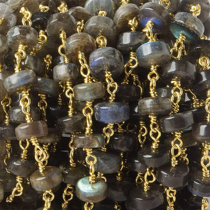 7-7.5mm Labradorite plain rondelles on Gold Plated Chain by the foot