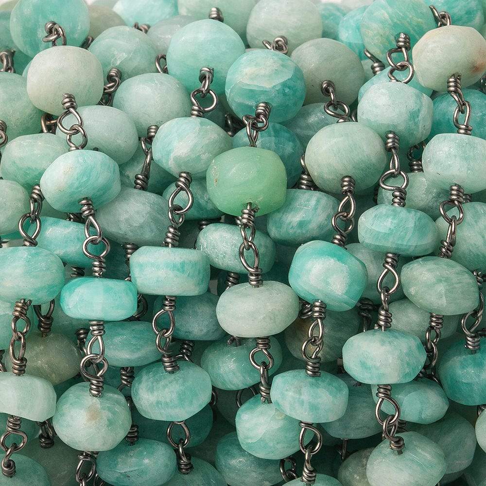 7-7.5mm Matte Amazonite plain rondelle Black Gold plated Chain by the foot 35 pcs