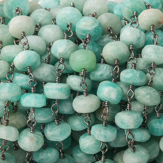 7-7.5mm Matte Amazonite plain rondelle Black Gold plated Chain by the foot 35 pcs
