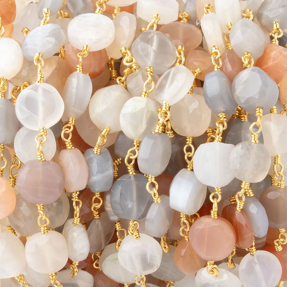 7-7.5mm Multi Color Moonstone Faceted Coins Gold plated Chain
